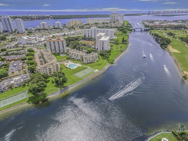 birds eye view of property featuring a water view