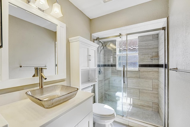 bathroom with vanity, toilet, and a shower with door