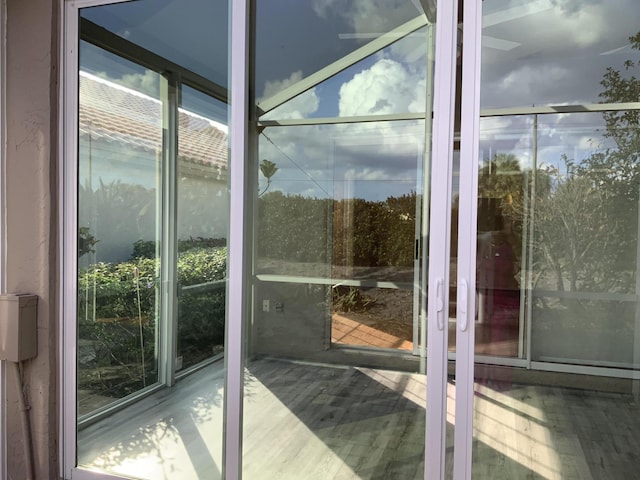 doorway featuring hardwood / wood-style flooring and floor to ceiling windows