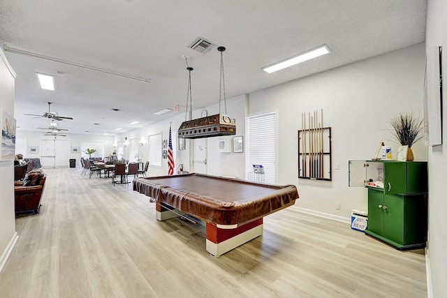 playroom featuring ceiling fan, pool table, and light hardwood / wood-style floors