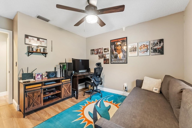 home office featuring a textured ceiling, ceiling fan, and hardwood / wood-style flooring