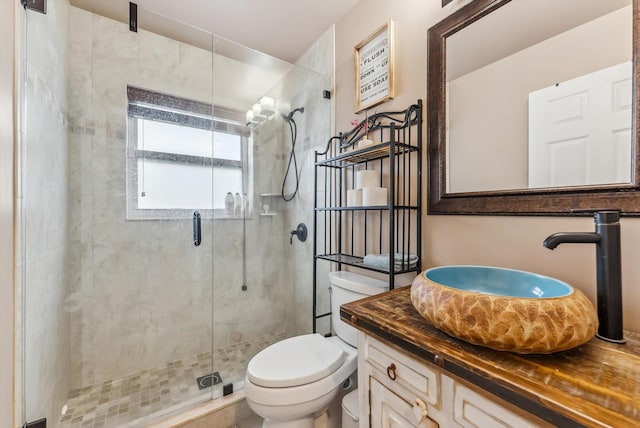 bathroom featuring toilet, a shower with door, and vanity