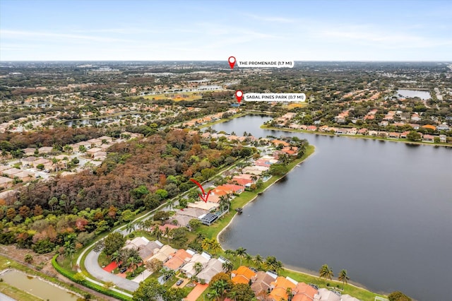 drone / aerial view featuring a water view