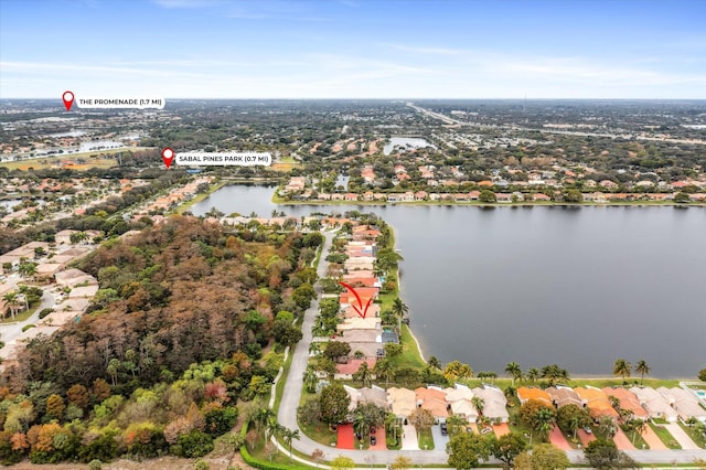 drone / aerial view featuring a water view