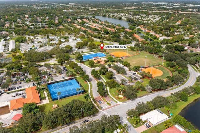 bird's eye view with a water view