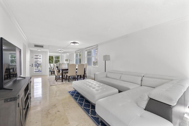 living room with crown molding