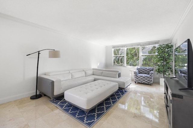 living room with ornamental molding