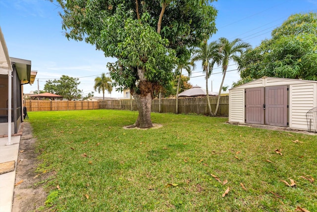 view of yard featuring a storage unit