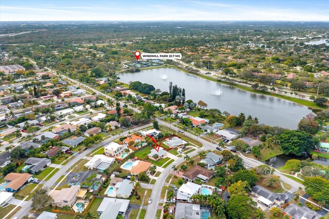 drone / aerial view featuring a water view