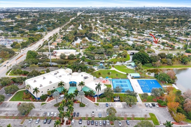 drone / aerial view featuring a water view