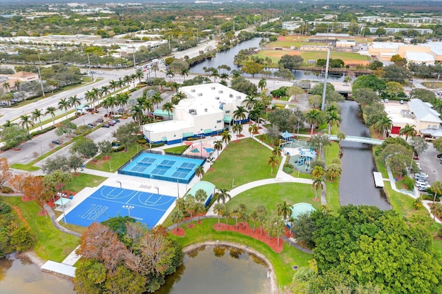 bird's eye view with a water view