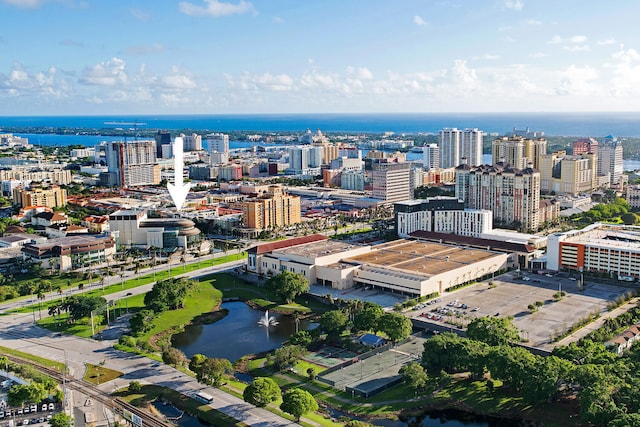 drone / aerial view with a water view