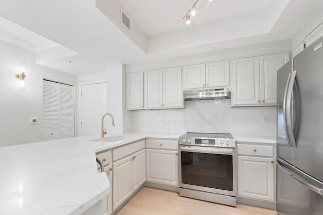 kitchen with sink, light hardwood / wood-style flooring, appliances with stainless steel finishes, white cabinetry, and backsplash