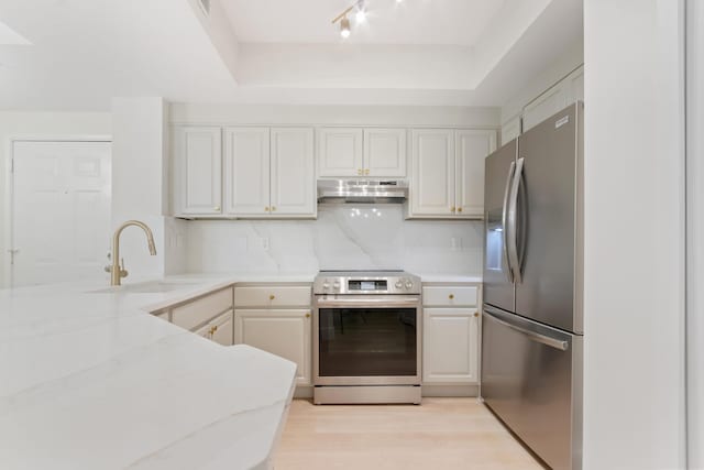 kitchen with sink, a raised ceiling, stainless steel appliances, decorative backsplash, and white cabinets