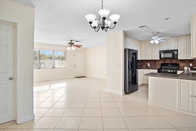 kitchen featuring decorative backsplash, pendant lighting, light tile patterned flooring, and black appliances