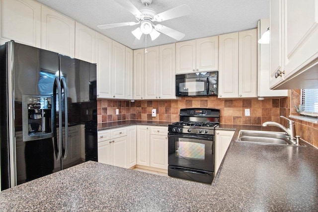 kitchen with sink, tasteful backsplash, ceiling fan, and black appliances