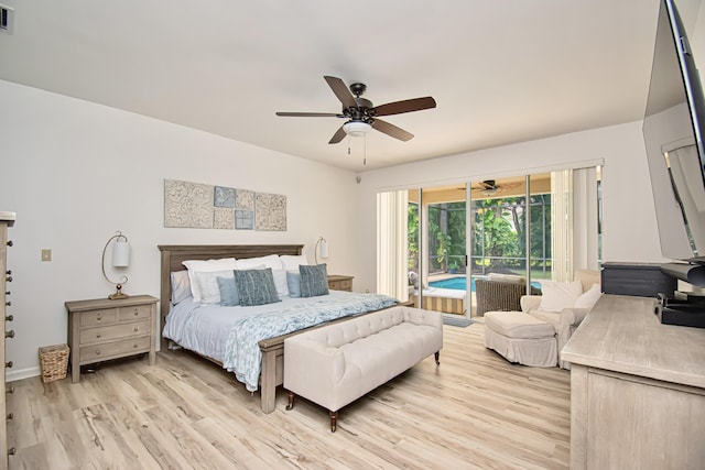 bedroom featuring ceiling fan, access to exterior, and light hardwood / wood-style floors