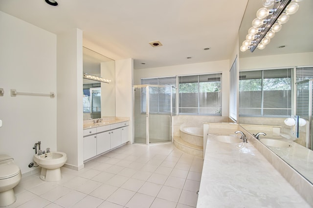 full bathroom with a bidet, tile patterned flooring, toilet, vanity, and plus walk in shower