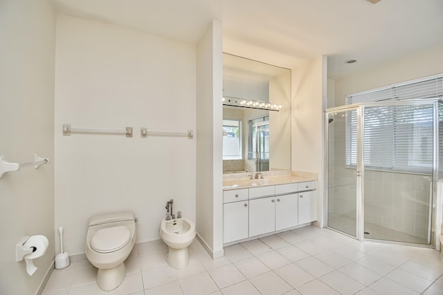 bathroom featuring an enclosed shower, tile patterned floors, vanity, toilet, and a bidet