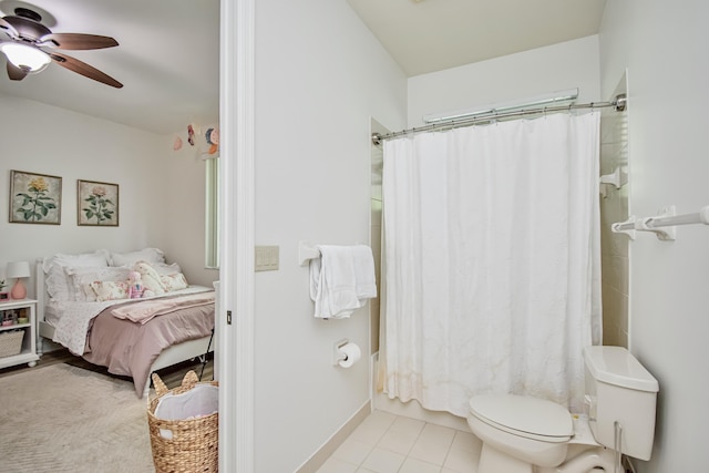 bathroom with ceiling fan, tile patterned floors, and toilet