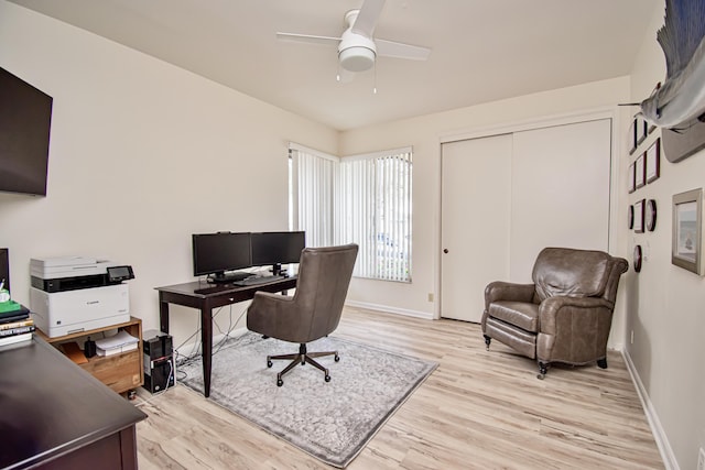 office area featuring light hardwood / wood-style floors and ceiling fan