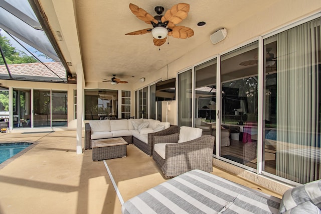 view of patio with ceiling fan and outdoor lounge area