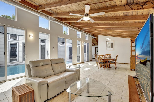 living room featuring ceiling fan, lofted ceiling with beams, and wood ceiling