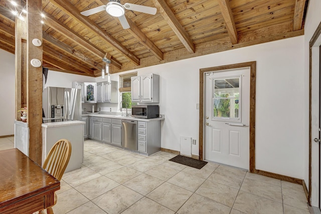 kitchen with wood ceiling, stainless steel appliances, gray cabinets, ceiling fan, and light tile patterned floors