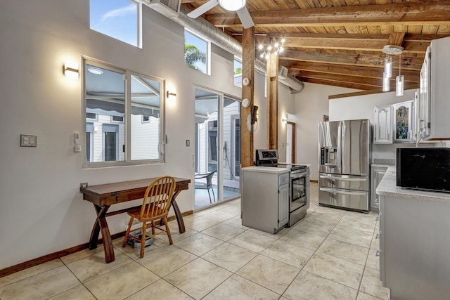 kitchen with white cabinetry, wood ceiling, ceiling fan, appliances with stainless steel finishes, and beam ceiling