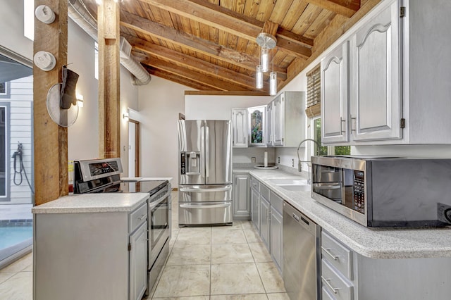 kitchen featuring gray cabinets, wooden ceiling, appliances with stainless steel finishes, sink, and lofted ceiling with beams