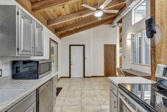 kitchen featuring appliances with stainless steel finishes, ceiling fan, wooden ceiling, gray cabinetry, and beam ceiling