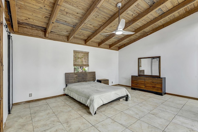 tiled bedroom with ceiling fan, lofted ceiling with beams, and wood ceiling