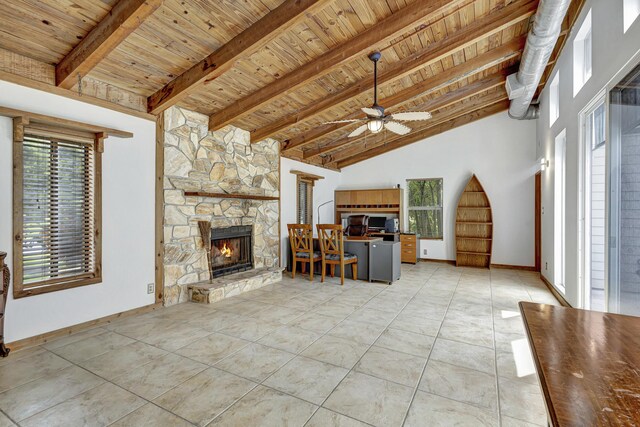 tiled bedroom with ceiling fan, access to exterior, multiple windows, and wood ceiling