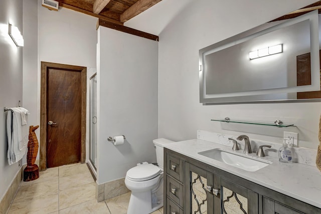 bathroom featuring toilet, tile patterned floors, an enclosed shower, beam ceiling, and vanity