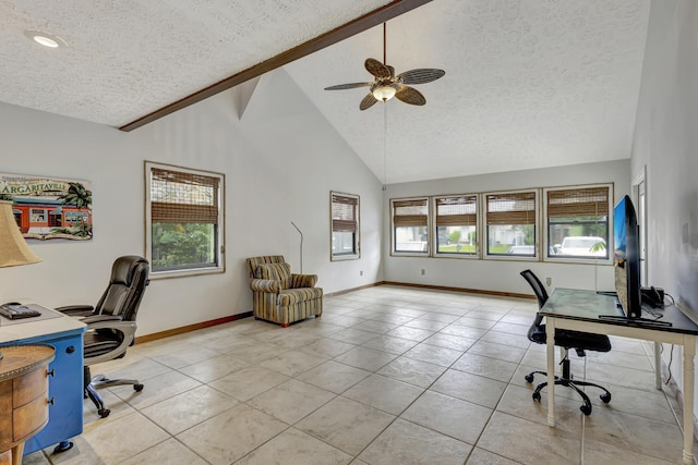 tiled home office with ceiling fan, beamed ceiling, a textured ceiling, and high vaulted ceiling