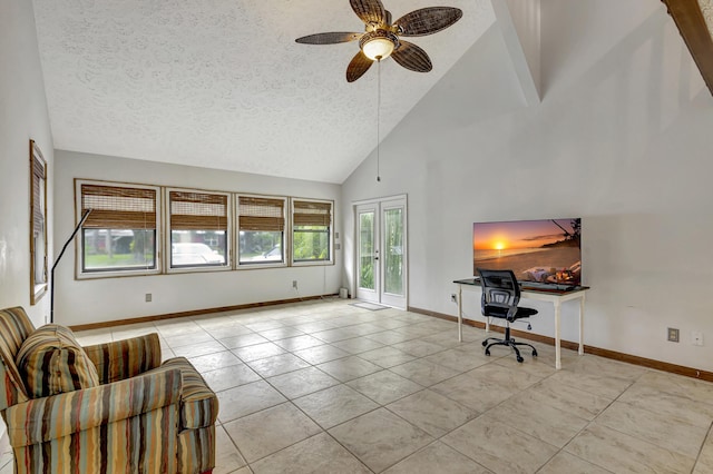 home office with ceiling fan, light tile patterned floors, a textured ceiling, and high vaulted ceiling