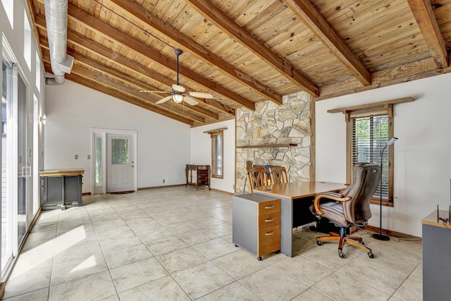 office space featuring ceiling fan, beam ceiling, wood ceiling, high vaulted ceiling, and light tile patterned floors