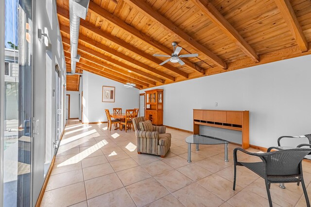 dining area featuring wooden ceiling, light tile patterned flooring, and vaulted ceiling with beams