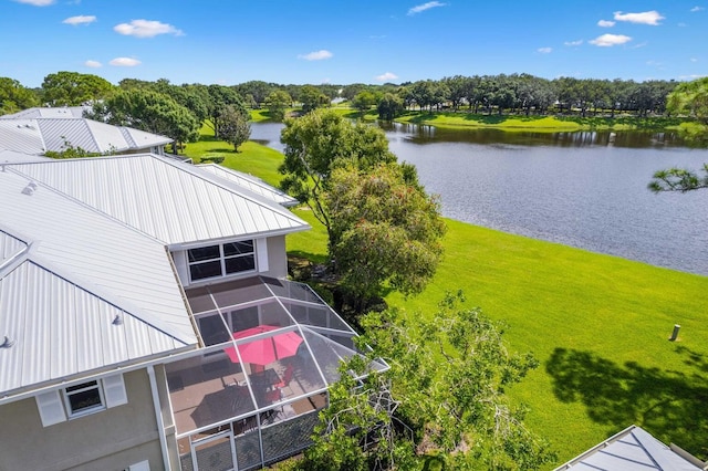 drone / aerial view featuring a water view