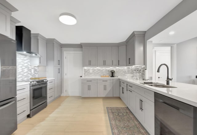 kitchen with appliances with stainless steel finishes, wall chimney exhaust hood, sink, and gray cabinetry