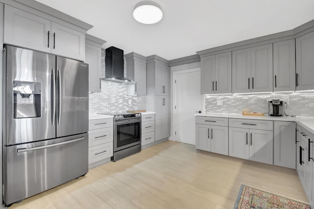 kitchen with backsplash, gray cabinetry, stainless steel appliances, and wall chimney exhaust hood