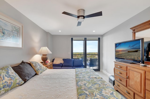 bedroom featuring ceiling fan, access to exterior, and french doors