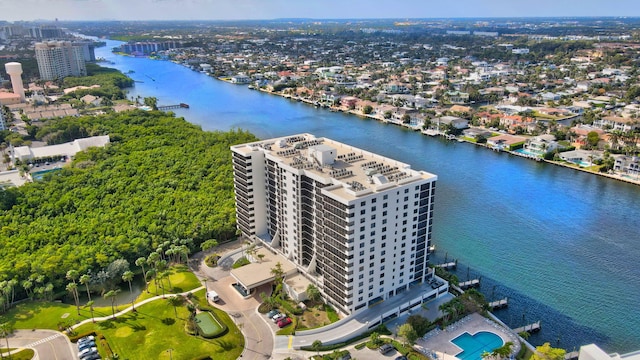 drone / aerial view featuring a water view