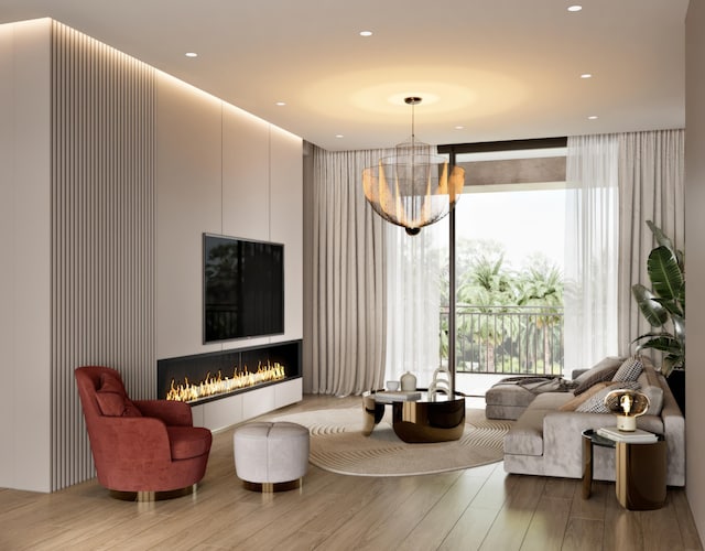 living room featuring wood-type flooring, an inviting chandelier, and plenty of natural light