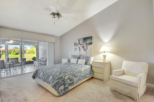 carpeted bedroom featuring ceiling fan, access to outside, and vaulted ceiling