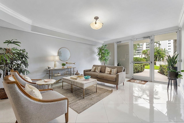 living room featuring light tile patterned floors, crown molding, a wall of windows, and french doors