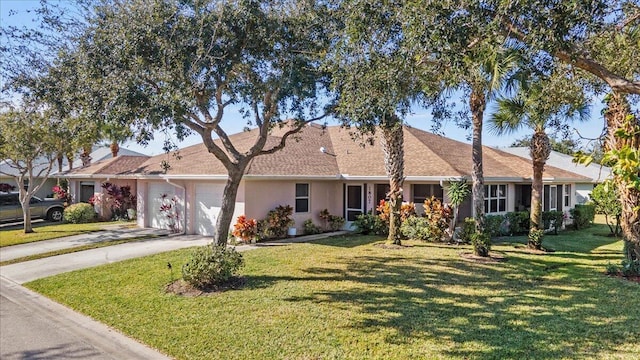 ranch-style home with a garage and a front lawn