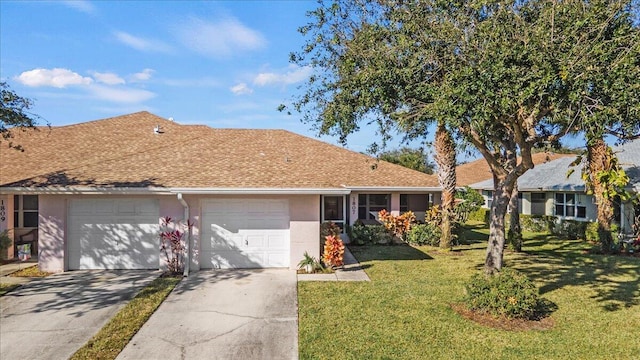 ranch-style home with a garage, a shingled roof, driveway, stucco siding, and a front yard