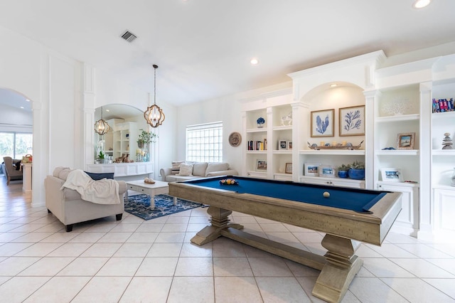 game room featuring pool table, built in features, and light tile patterned floors