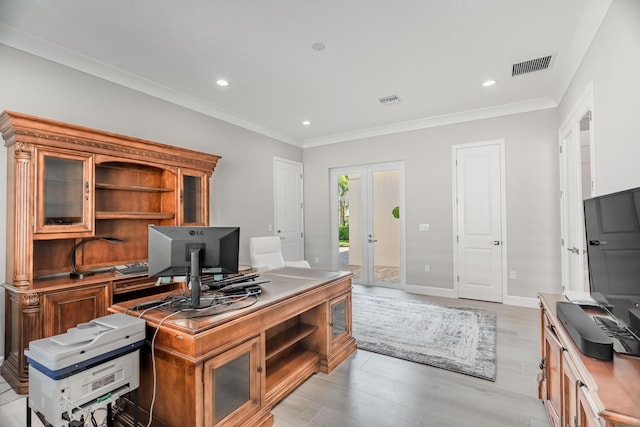 office area featuring crown molding and french doors